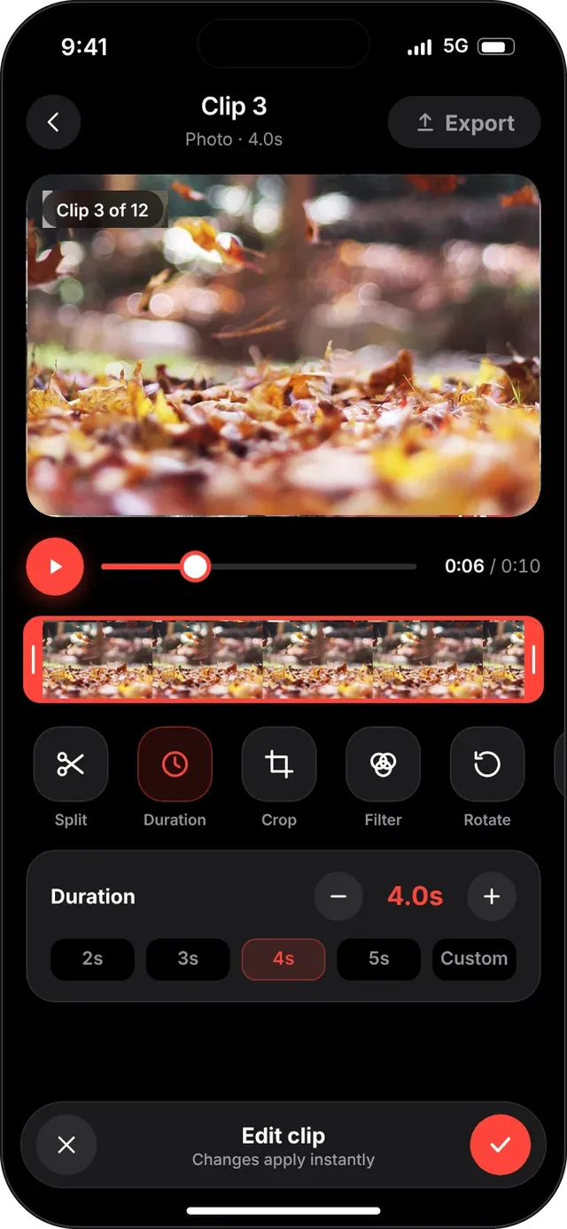 SlideshowVideoMaker screen: Clip editing