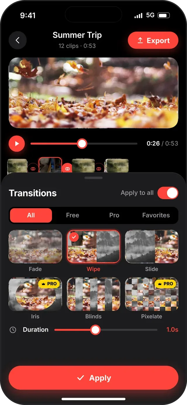 SlideshowVideoMaker screen: Transitions sheet