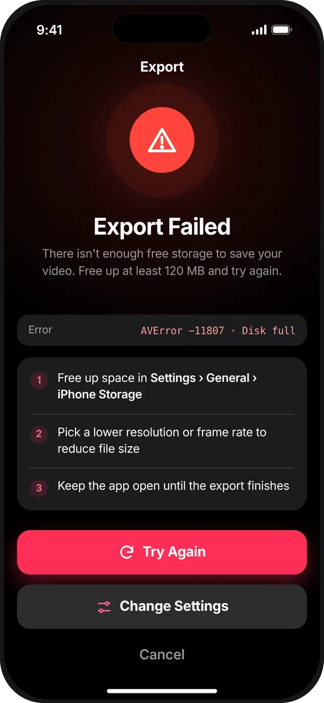SlideshowVideoMaker screen: Export failed