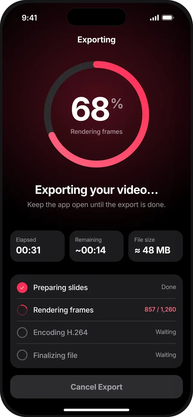 SlideshowVideoMaker screen: Exporting
