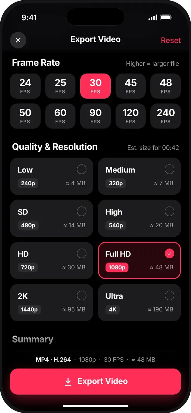 SlideshowVideoMaker screen: Quality & resolution