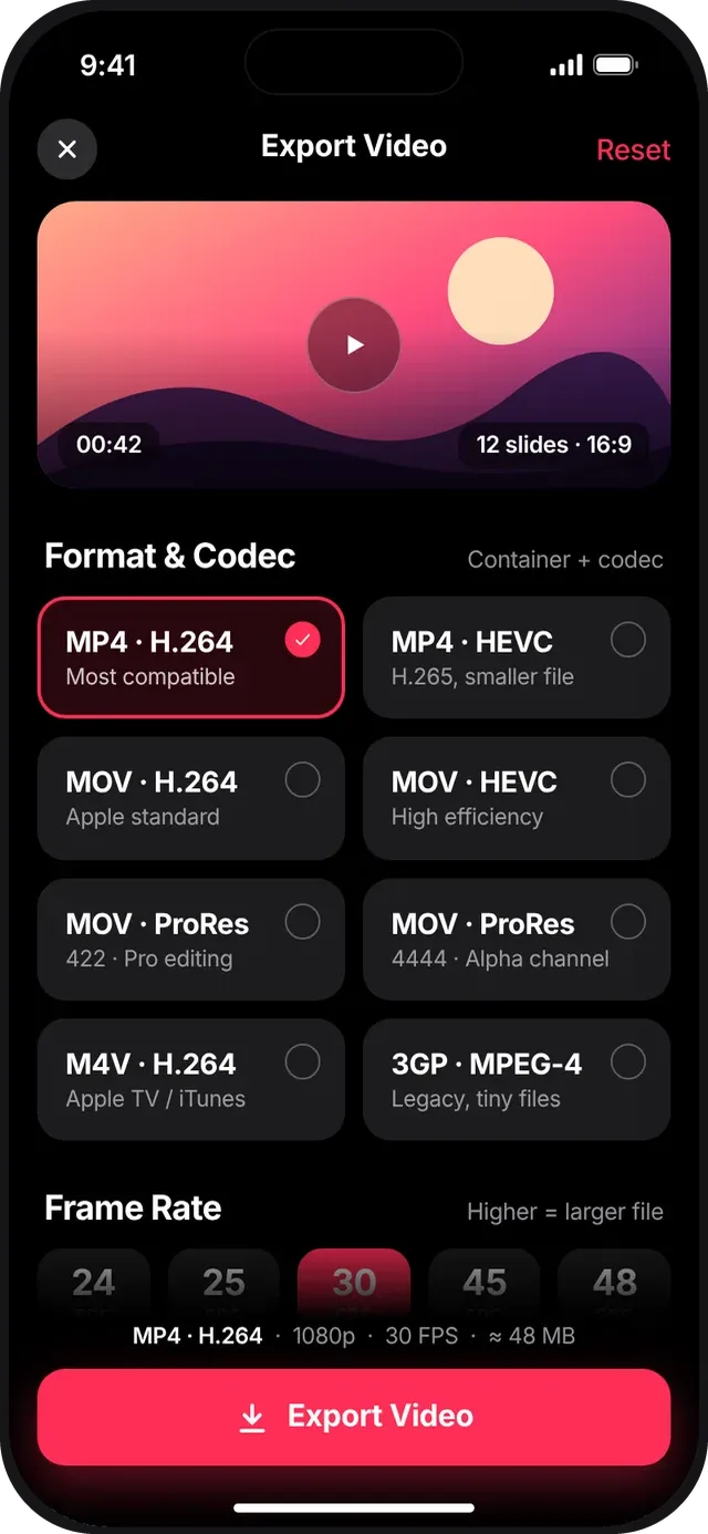 SlideshowVideoMaker screen: Export settings