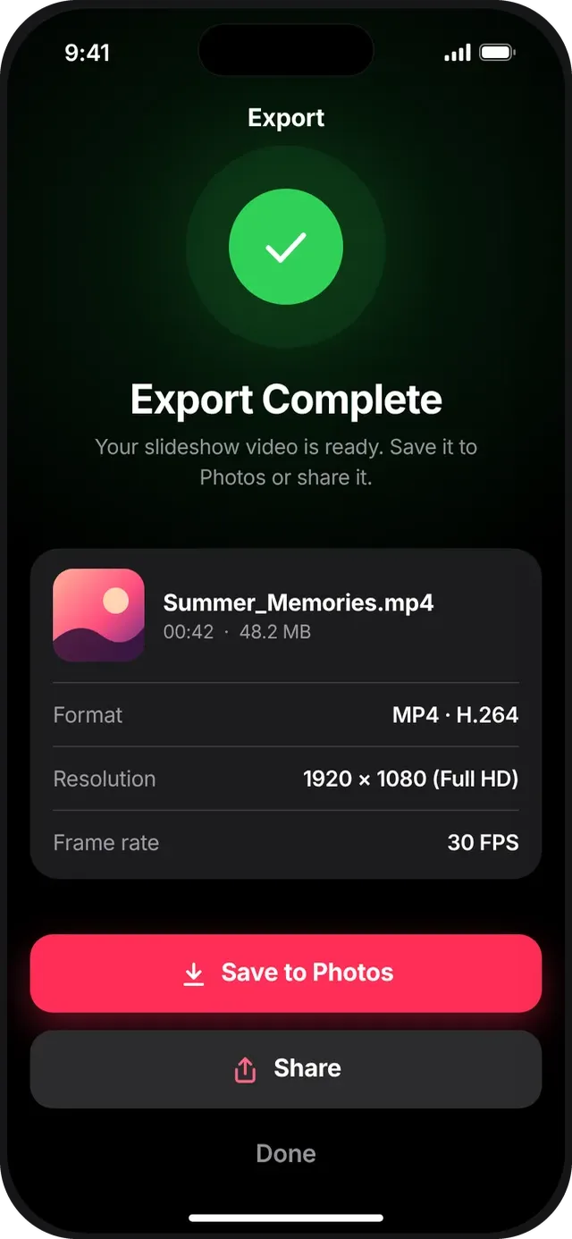 SlideshowVideoMaker screen: Export complete