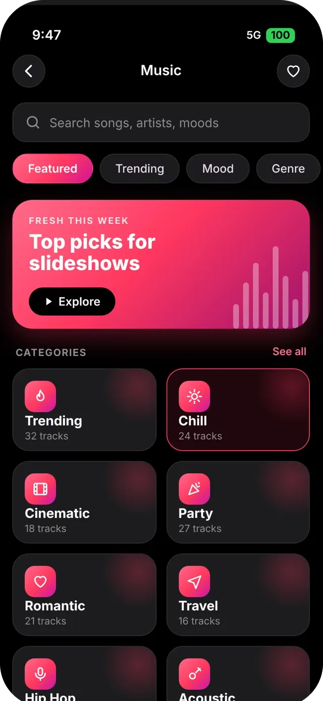SlideshowVideoMaker screen: Music categories