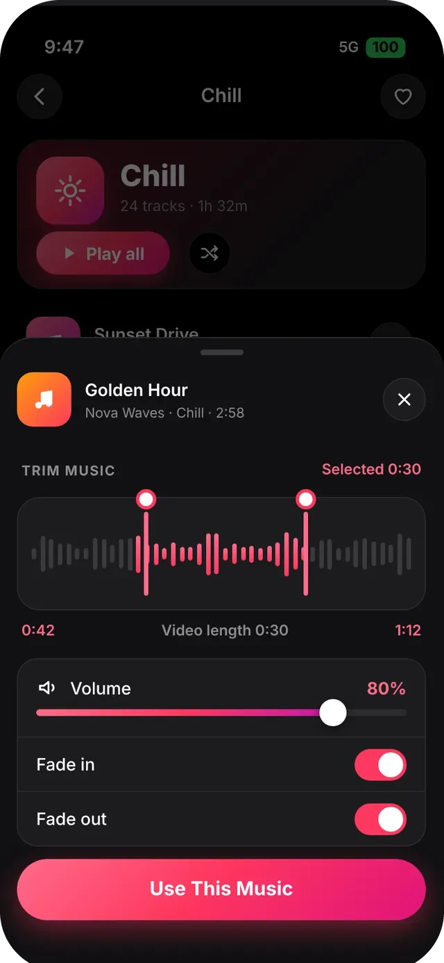 SlideshowVideoMaker screen: Trim & use