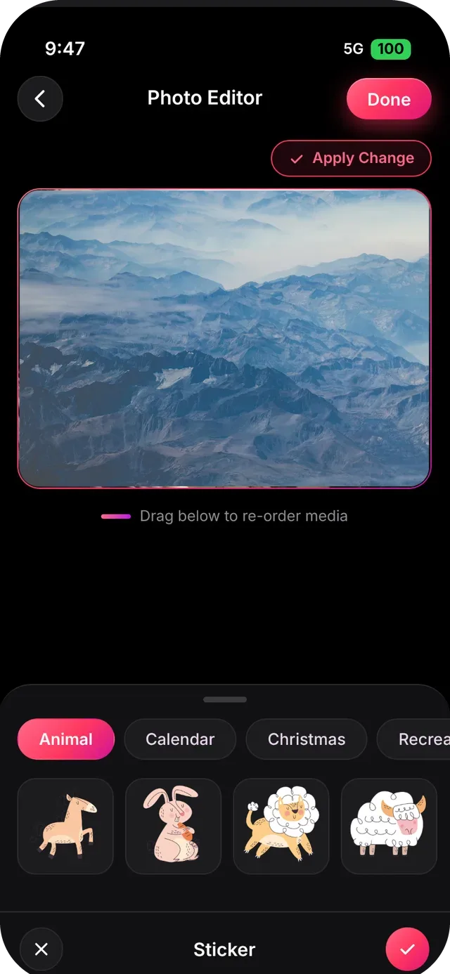 SlideshowVideoMaker screen: Stickers in the photo editor