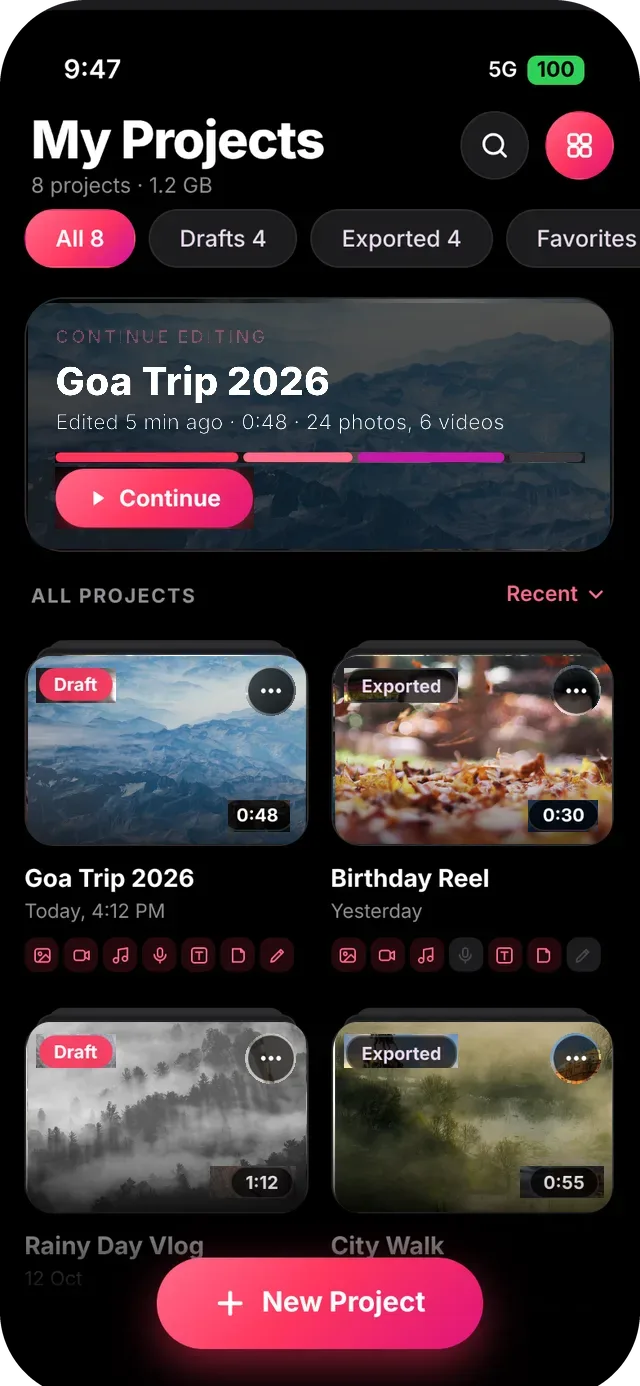 SlideshowVideoMaker screen: Projects grid