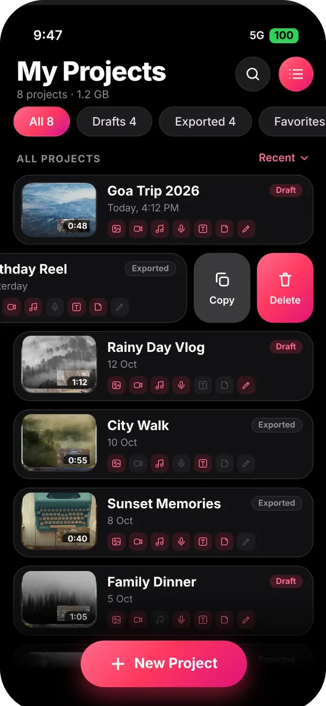 SlideshowVideoMaker screen: List view with swipe actions