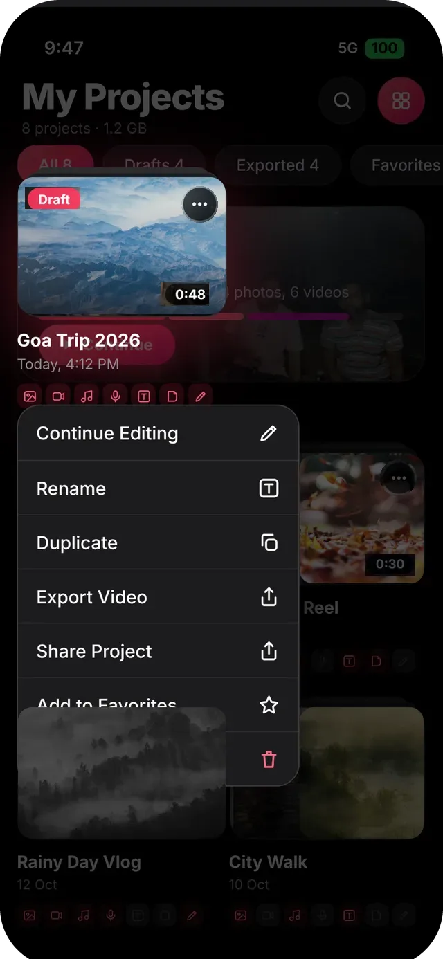SlideshowVideoMaker screen: Quick menu