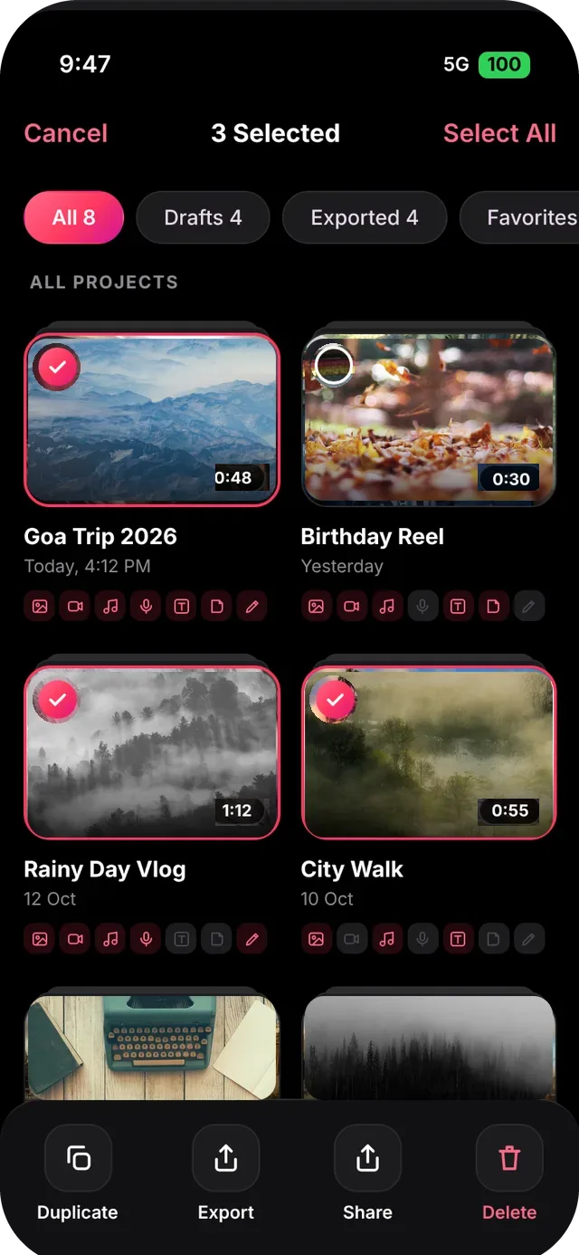 SlideshowVideoMaker screen: Select several