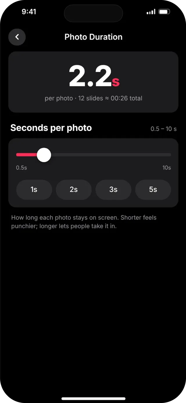 SlideshowVideoMaker screen: Photo Duration