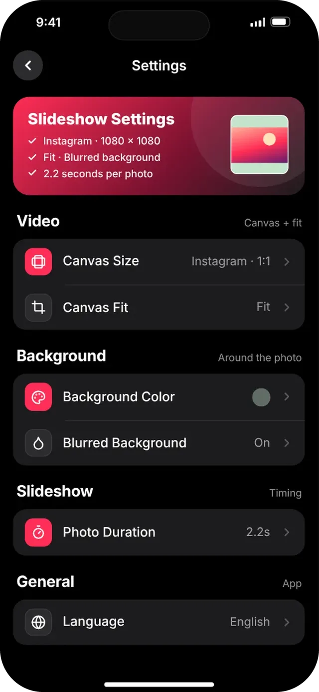 SlideshowVideoMaker screen: Settings