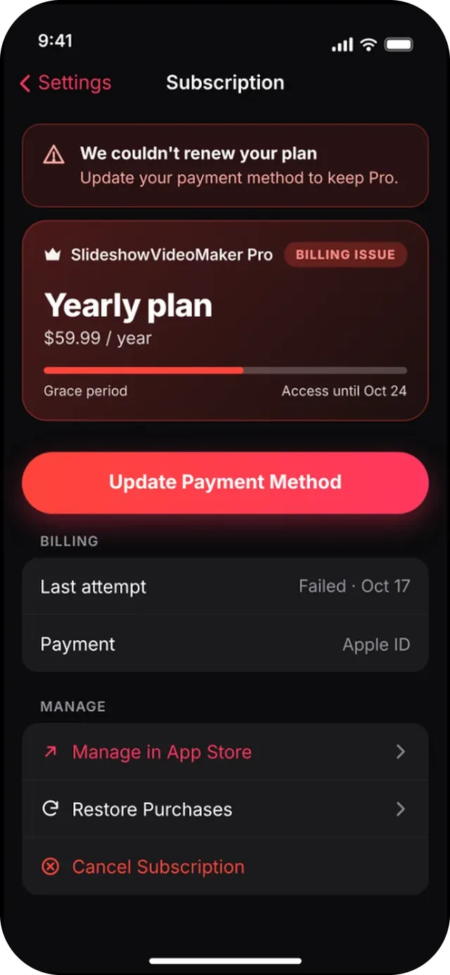 SlideshowVideoMaker screen: Billing issue