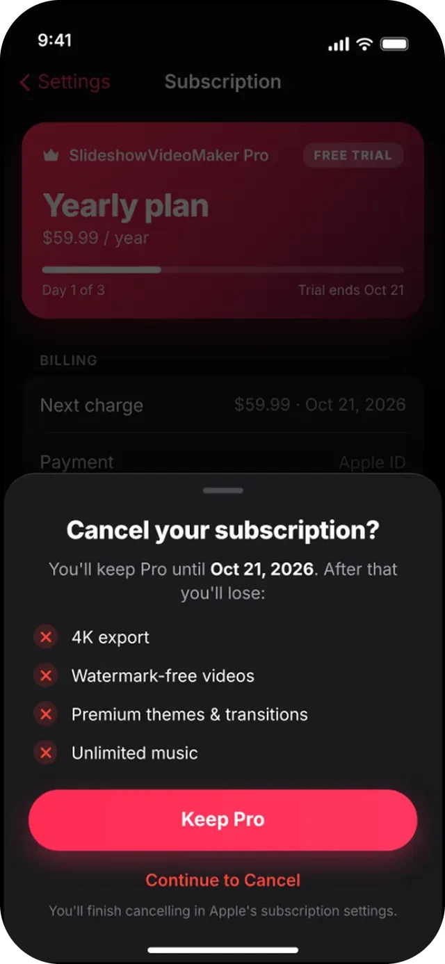 SlideshowVideoMaker screen: Cancel confirmation