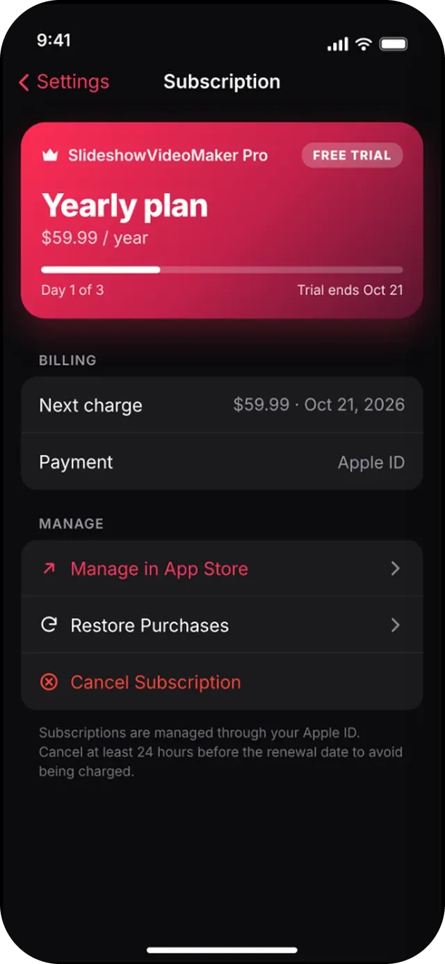 SlideshowVideoMaker screen: Manage your subscription