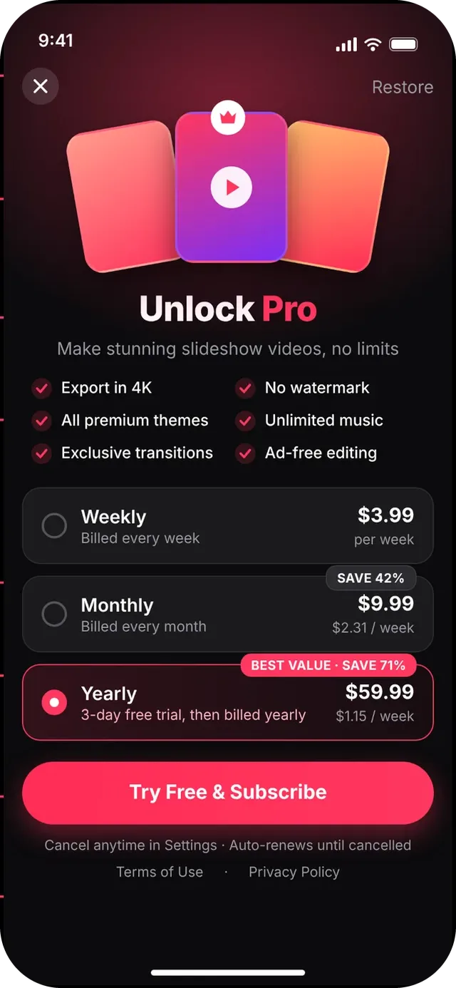 SlideshowVideoMaker screen: Pro paywall