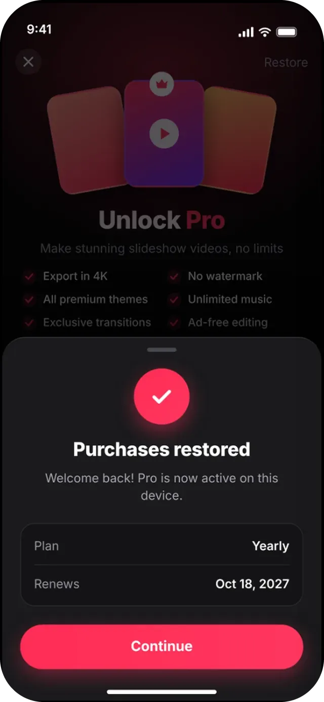 SlideshowVideoMaker screen: Purchases restored