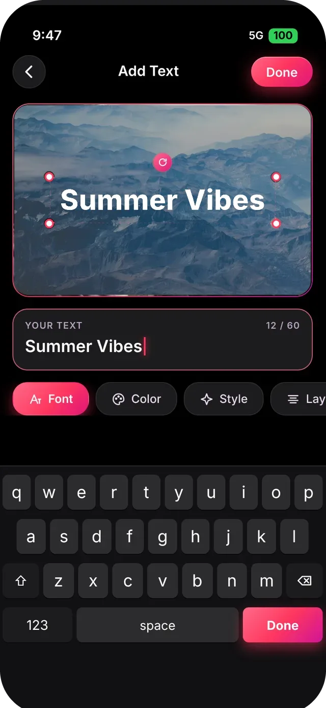 SlideshowVideoMaker screen: Type your text