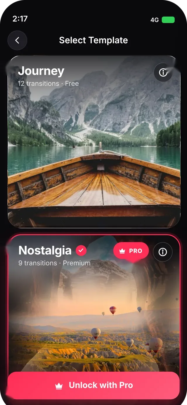 SlideshowVideoMaker screen: Select Template
