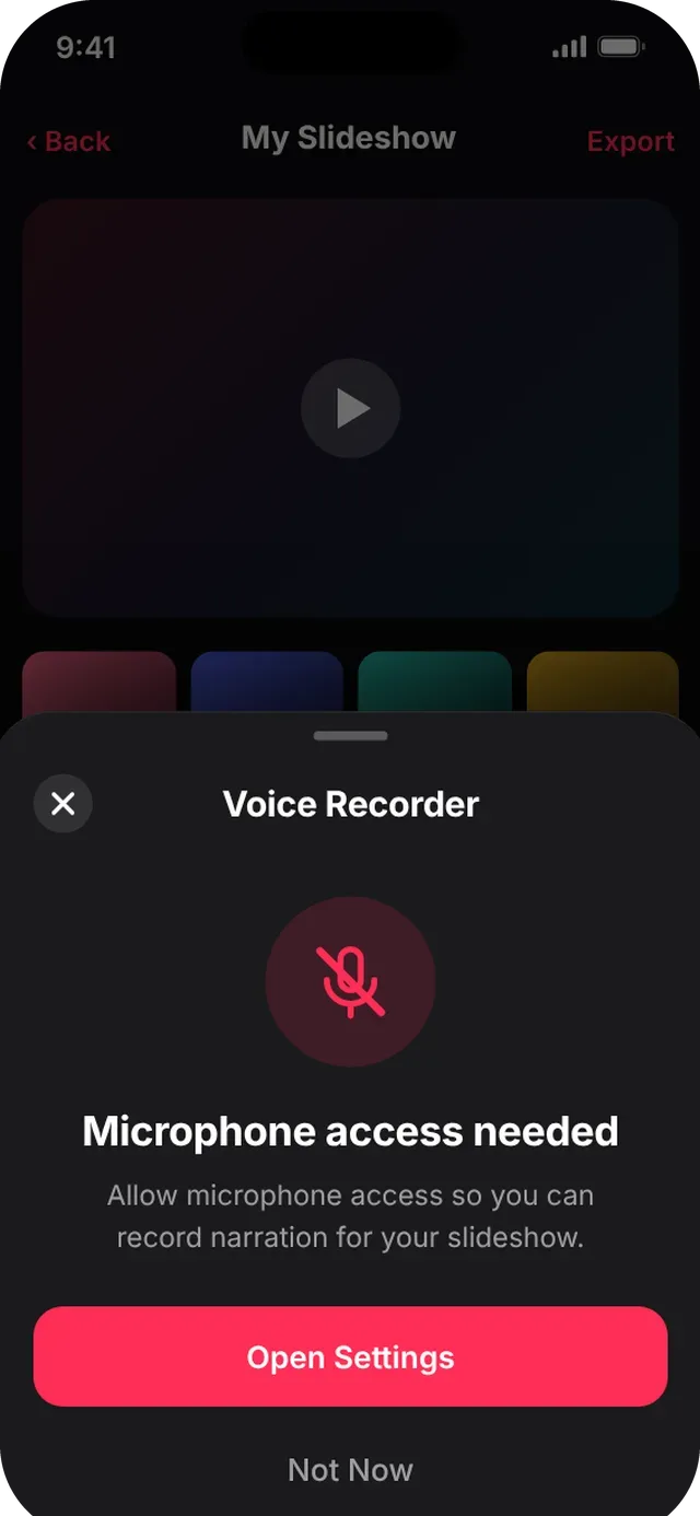SlideshowVideoMaker screen: Microphone access off