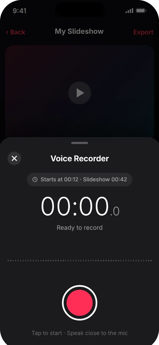 SlideshowVideoMaker screen: Ready to record