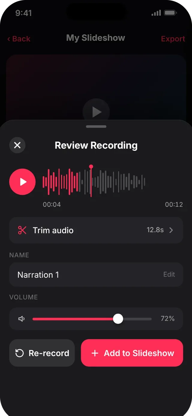 SlideshowVideoMaker screen: Review & add