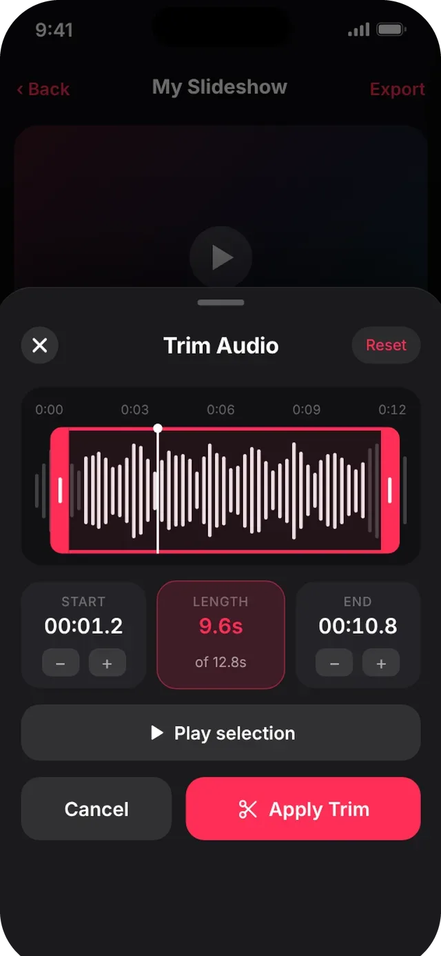 SlideshowVideoMaker screen: Trim audio